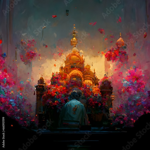 Ganesha temple with colorful Indian festival full of flowers too much impressive highly detailed cinematic  photo