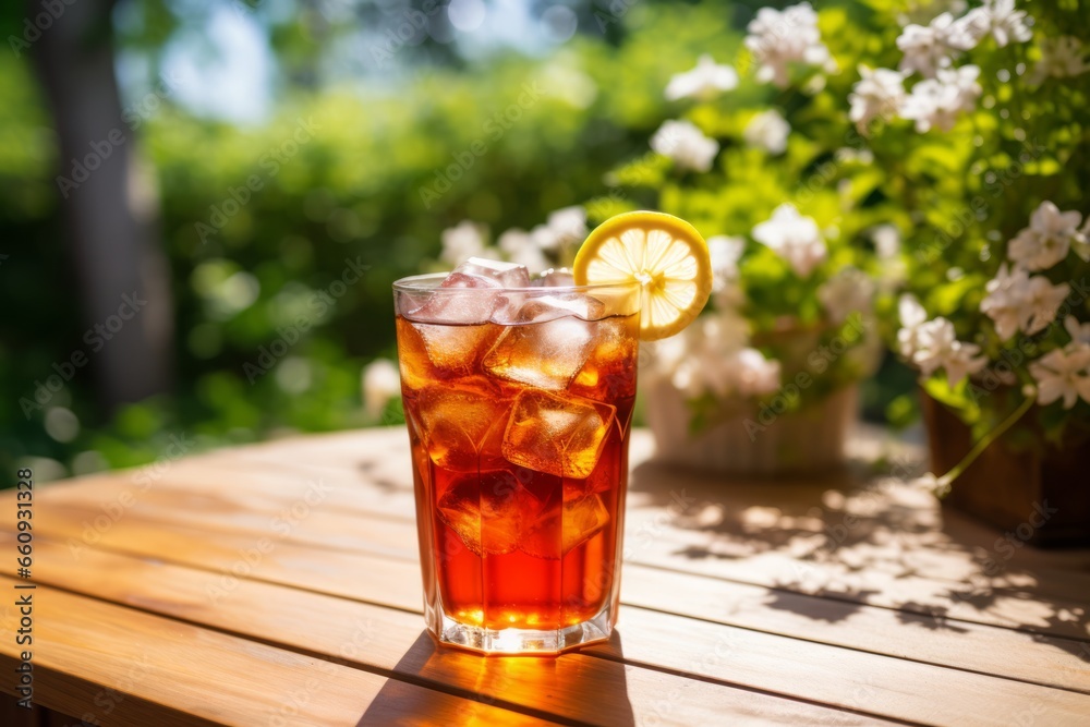A refreshing glass of iced black tea sits on a rustic wooden table, surrounded by a serene summer garden setting, inviting you to take a moment and relax A refreshing glass of iced black tea sits on a rustic wooden table, surrounded by a serene summer garden setting, inviting you to take a moment and relax