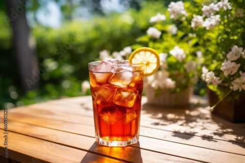 A refreshing glass of iced black tea sits on a rustic wooden table, surrounded by a serene summer garden setting, inviting you to take a moment and relax