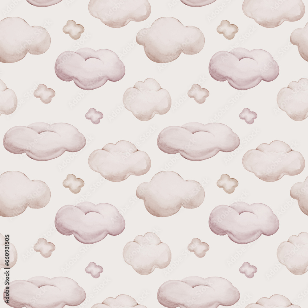 Seamlesss pattern with cartoon clouds, magic baby bear bunny toys and cow. Watercolor hand drawn illustration with white background Seamlesss pattern with cartoon clouds, magic baby bear bunny toys and cow. Watercolor hand drawn illustration with white background