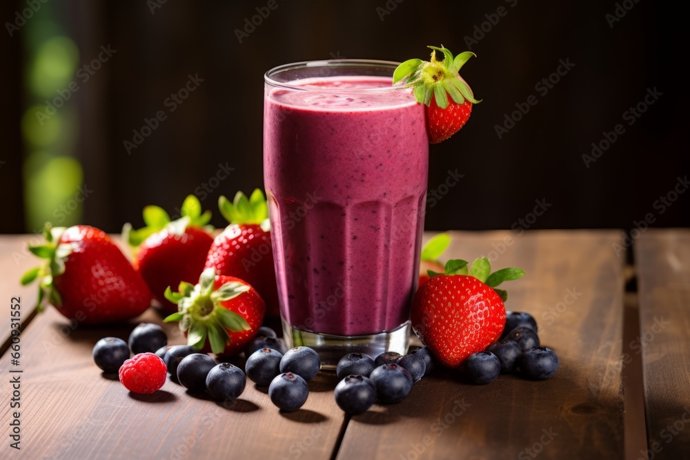 A Vibrant Mixed Berry Smoothie in a Tall Glass, Garnished with Fresh Berries, Served on a Rustic Wooden Table in a Sunny Breakfast Nook A Vibrant Mixed Berry Smoothie in a Tall Glass, Garnished with Fresh Berries, Served on a Rustic Wooden Table in a Sunny Breakfast Nook