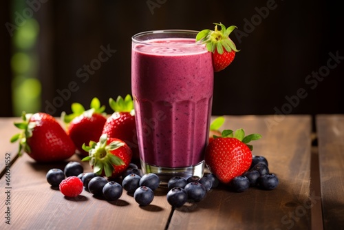 A Vibrant Mixed Berry Smoothie in a Tall Glass  Garnished with Fresh Berries  Served on a Rustic Wooden Table in a Sunny Breakfast Nook