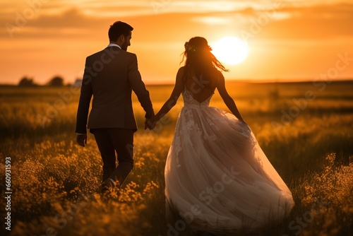 The bride and groom walk at sunset