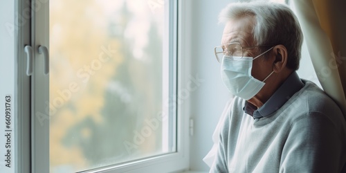 grandfather in a mask is sitting by the window - protection from the virus