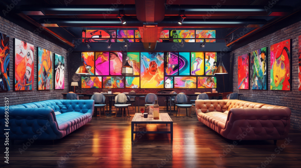 Modern bright living room interiors with art wallpaper.