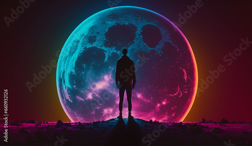 Neon full moon, gradient color, man standing on a rug. Generative AI 