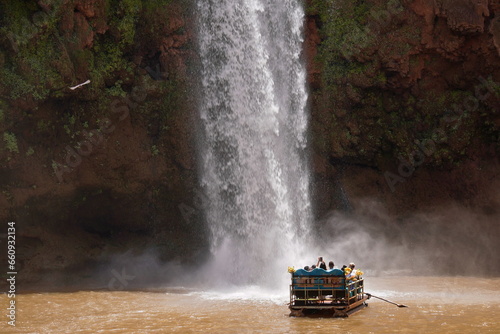 Ouzoud Waterfalls morocco with tourists in rafts
