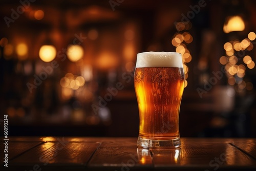 A frothy pint of bitter ale sits invitingly on a rustic wooden bar table, surrounded by dimmed lights and lively chatter in a traditional English pub