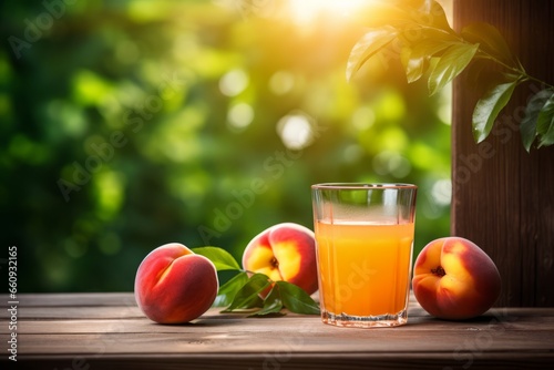 A refreshing glass of peach nectar glistening in the summer sun, placed on a rustic wooden table alongside fresh, juicy peaches