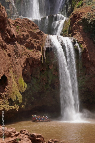 Ouzoud Waterfalls morocco with tourists in rafts