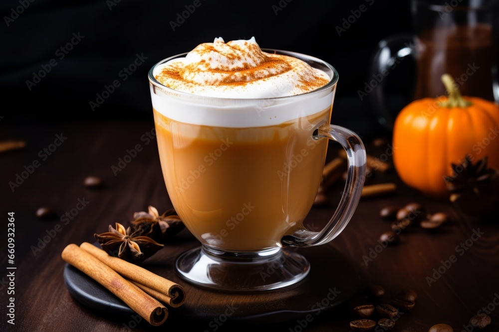 A close-up view of a delicious sweet potato latte with a sprinkle of cinnamon, served in a clear glass mug on a rustic wooden table A close-up view of a delicious sweet potato latte with a sprinkle of cinnamon, served in a clear glass mug on a rustic wooden table
