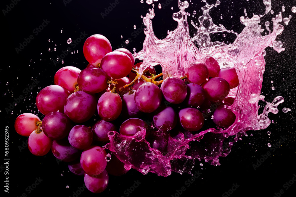 Water splash with grapes on black background.