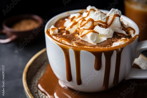 A Close-up Shot of a Deliciously Warm Salted Caramel Hot Cocoa, Topped with Whipped Cream and Drizzled with Caramel Sauce