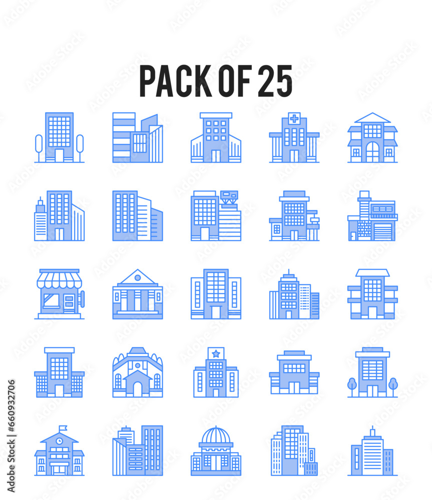 25 Types of Building. Two Color icons Pack. vector illustration.