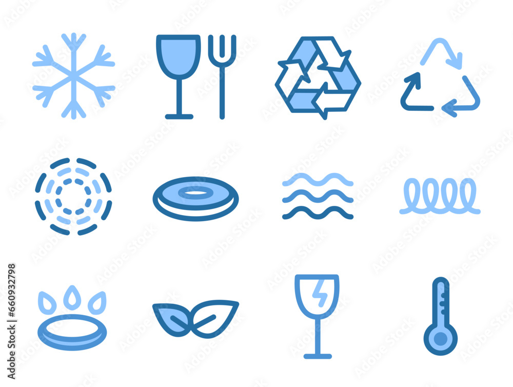 Set of contour icons of markings on dishes. Icons of induction, gas