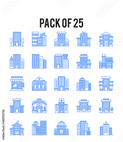 25 Types of Building. Two Color icons Pack. vector illustration.