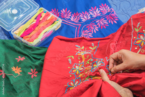 Hand embroidery work is going on, Pune, Maharashtra, India.