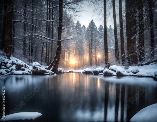 Winter landscape of a forest with a river running through it. Light is shining through the trees in the background. Peaceful and serene mood.