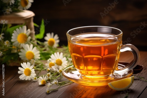 A calming cup of chamomile and orange tea, beautifully presented on a rustic table with fresh orange slices and chamomile flowers in the background