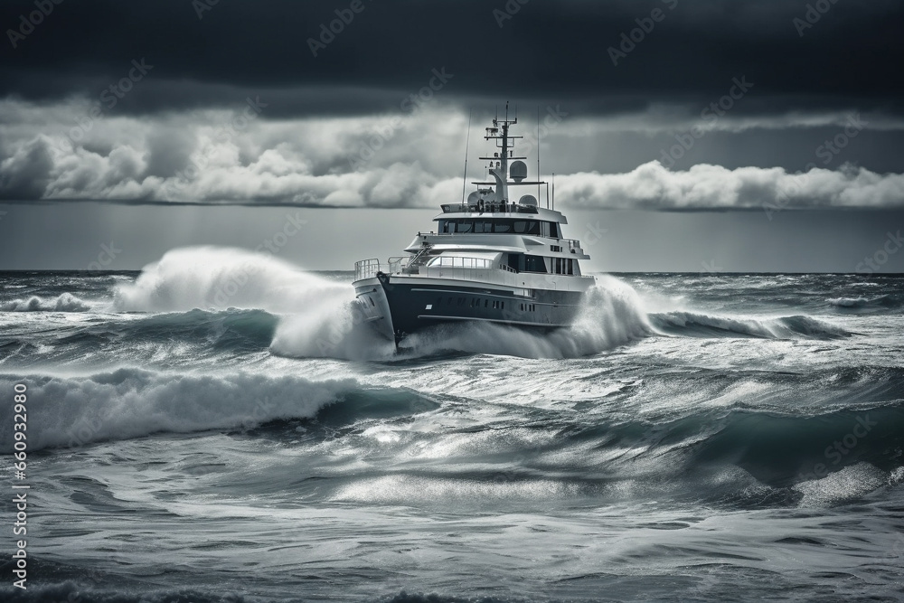 Navigate the dangerous sea or ocean waters with a sizable yacht braving massive waves in this captivating scene. Ai generated