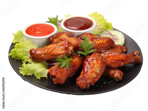 grilled chicken wings with vegetables and sauces on plate isolated on transparent background, generated by AI