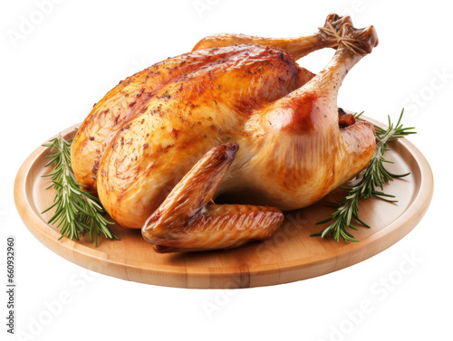 Roasted rosemary chicken or turkey on wooden plate isolated on transparent background, generated by IA