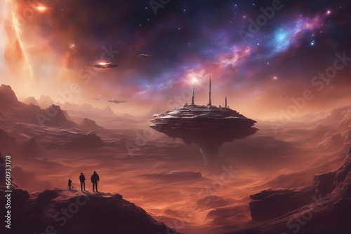  A stunning digital artwork featuring a futuristic cityscape on an alien planet