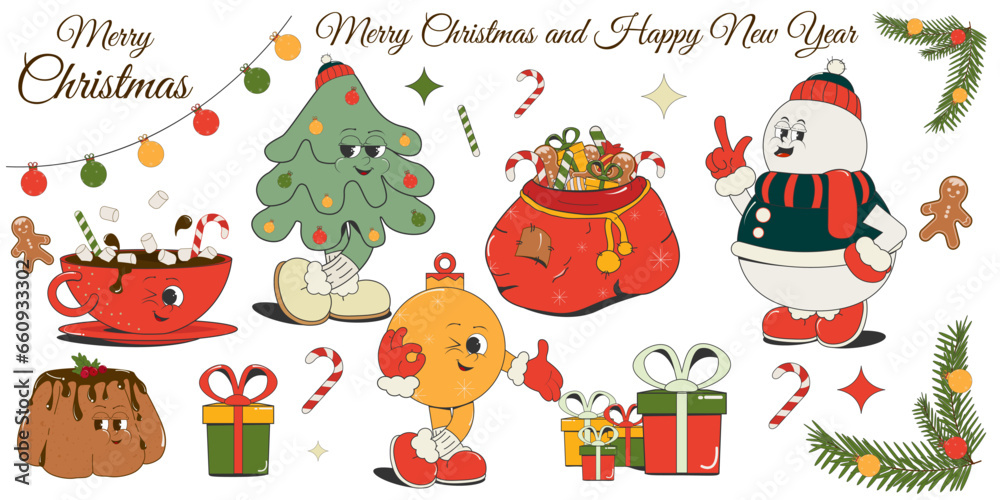 set of cartoon Christmas cute characters:christmas tree,snowman,balloon toy,cocoa mug with sweets,cupcake,gift boxes,candy,ginger cookies,fir branches,red bag.Vector illustration in trendy retro style