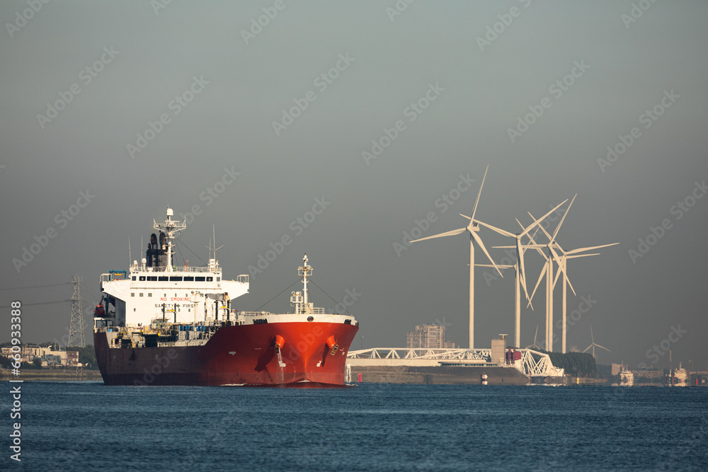 Chemical or oil tanker ship transporting goods over the North Sea, from the Port of Rotterdam, the Netherlands