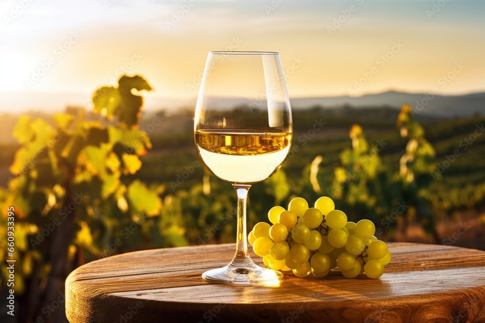A chilled glass of white wine elegantly placed on a rustic wooden table, with a picturesque vineyard in the background under a warm sunset