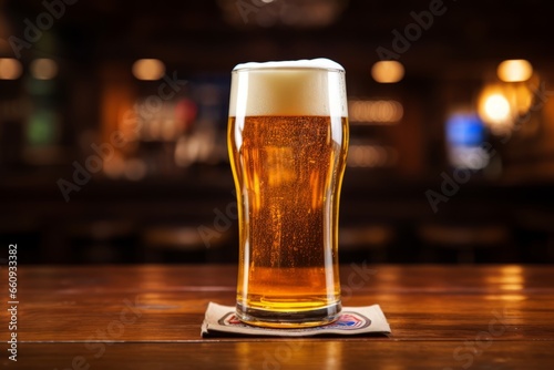 A refreshing pint of golden lager beer, perfectly poured with a frothy head, sitting on a rustic wooden table in a traditional pub setting