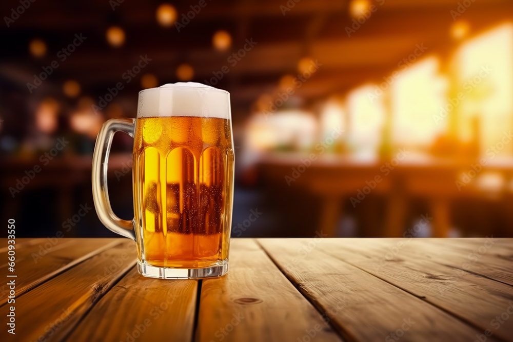 Mug of beer sitting on top of wooden table in restaurant. Mug of beer sitting on top of wooden table in restaurant.
