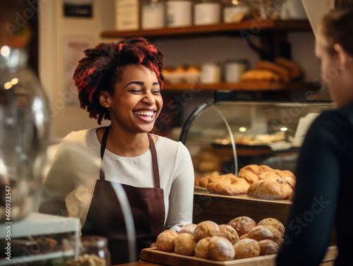 Photo of smiling African female seller giving bread to woman in cake shop