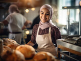 Photo of a smiling Muslim female seller in a cake shop