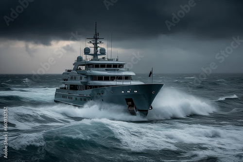 Navigate the dangerous sea or ocean waters with a sizable yacht braving massive waves in this captivating scene. Ai generated © dragomirescu