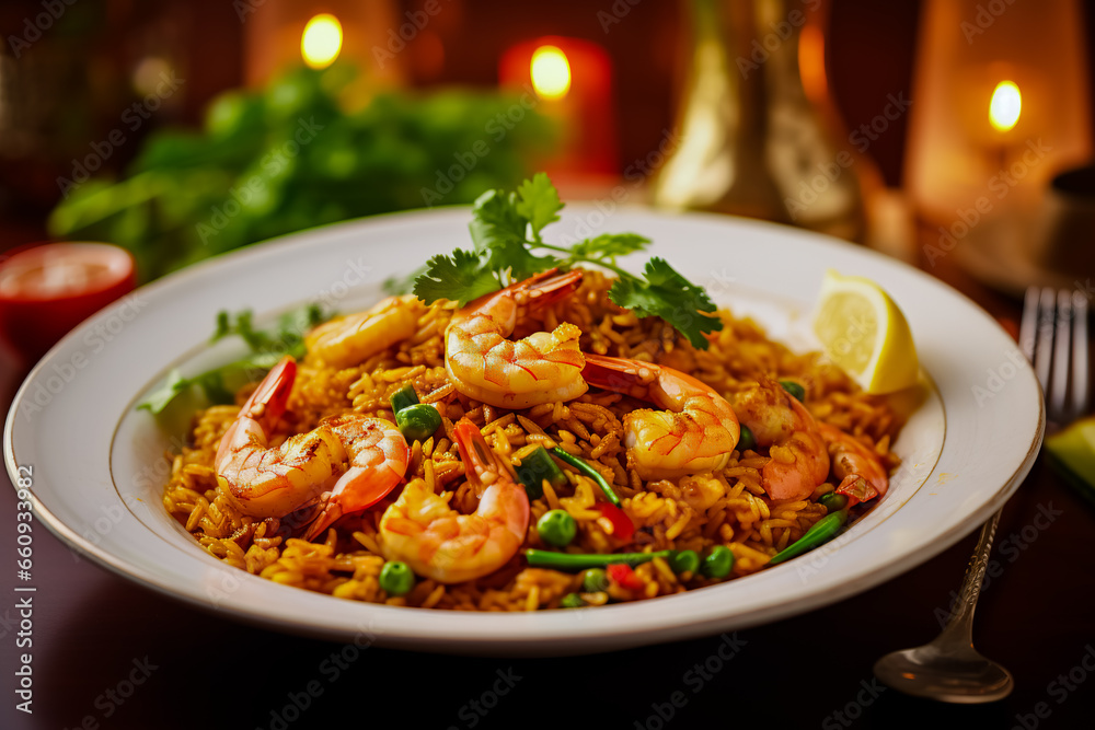 Fried rice with fried prawns, filled in a big white dish, placed on a kitchen table. Fried rice with fried prawns, filled in a big white dish, placed on a kitchen table.
