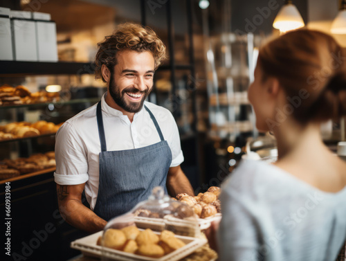 Photo of smiling male seller giving bread to woman in cake shop
