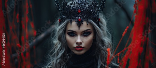 Slavic witch conjures magic woman in black dress with beaded crown Halloween costume fantasy With copyspace for text © 2rogan