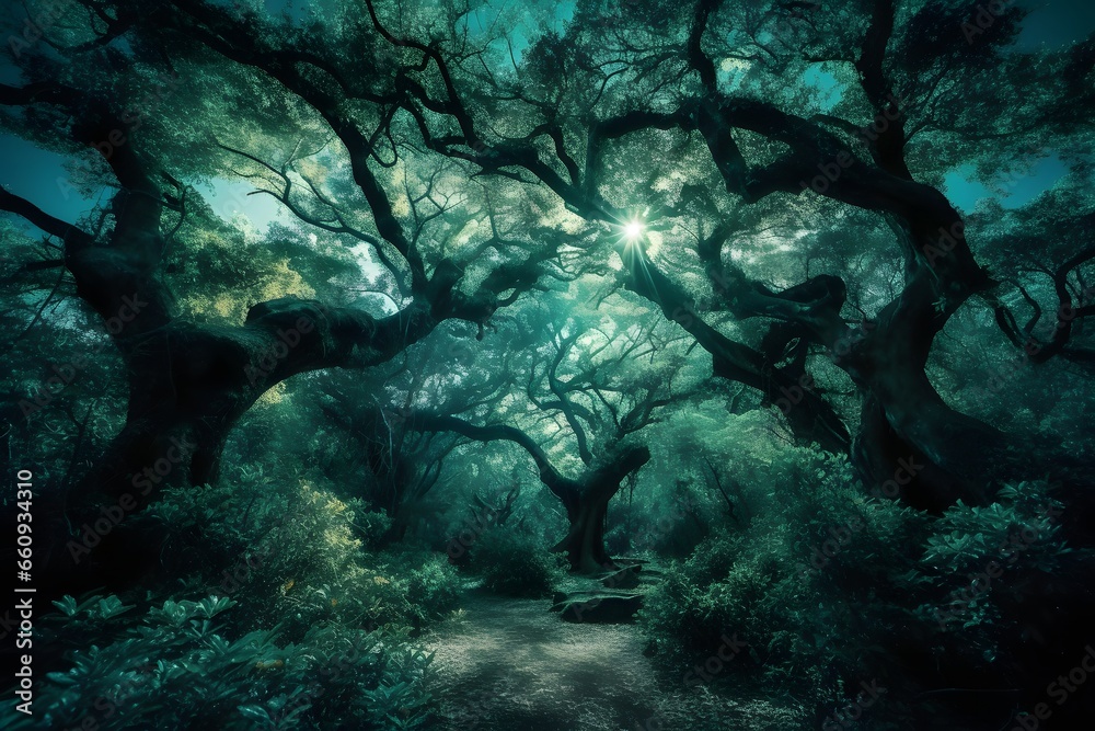 Enchanted forest with towering ancient trees, bioluminescent plants ...