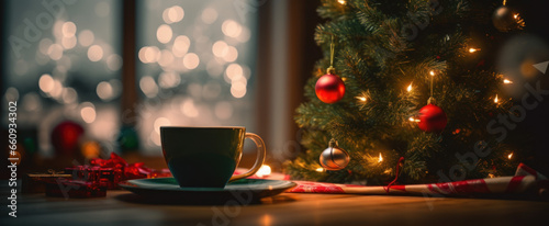 Mug in front of Christmas Tree with Bokeh in the background photo
