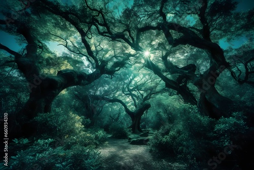 Enchanted forest with towering ancient trees, bioluminescent plants, and magical creatures, moonlight filtering through the canopy, an atmosphere of wonder and mysticism, Created with Generative AI