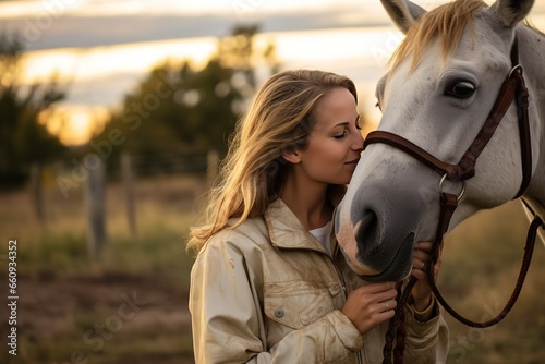 Vet kissing a horse outdoors at ranch. photo