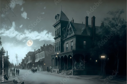 as a main street in a small village with no porches on the houses house on both sides of the street with 10 ghostly figures walking the street known for its haunted houses the amber full moon  photo