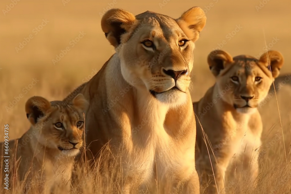 Obraz premium Witness the beauty of motherhood as a lioness gracefully navigates the vast savannah landscape with her adorable little cubs. Ai generated