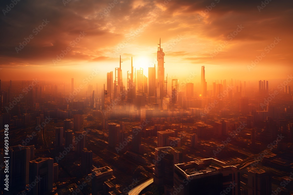 Futuristic city skyline at sunset, warm tones, busy aerial traffic, a blend of modernity and nature, capturing the city's transition from day to night Created with Generative AI	 - obrazy, fototapety, plakaty 