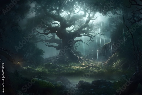 Enchanted forest during a mystical thunderstorm  swirling clouds  glowing runes on trees  an eerie and mystical ambiance  Illustration  digital art with dramatic lighting. Created with Generative AI 