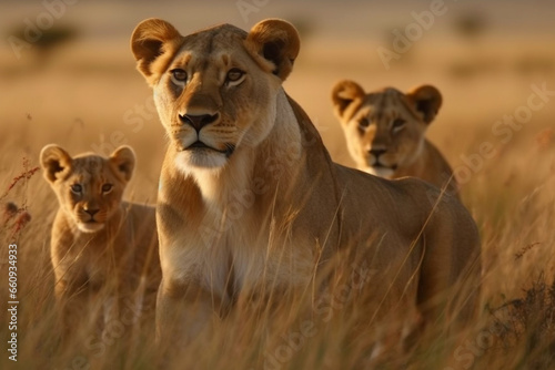 Witness the beauty of motherhood as a lioness gracefully navigates the vast savannah landscape with her adorable little cubs. Ai generated © dragomirescu