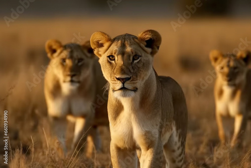 Witness the beauty of motherhood as a lioness gracefully navigates the vast savannah landscape with her adorable little cubs. Ai generated