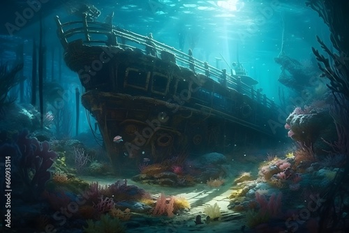 Mysterious underwater world with an ancient shipwreck nestled among the coral, shafts of sunlight penetrating the depths, an atmosphere of exploration and discovery. Created with Generative AI 