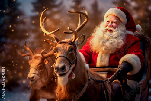 santa claus on sleigh in christmas atmosphere, christmas decoration, snow, dreamy sweet moment, background with soft light and bokeh